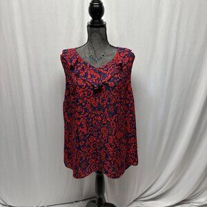 Terra and Sky Floral Sleeveless Blouse Womens Sz 0X 14W Red Navy Ruffle Neck Top